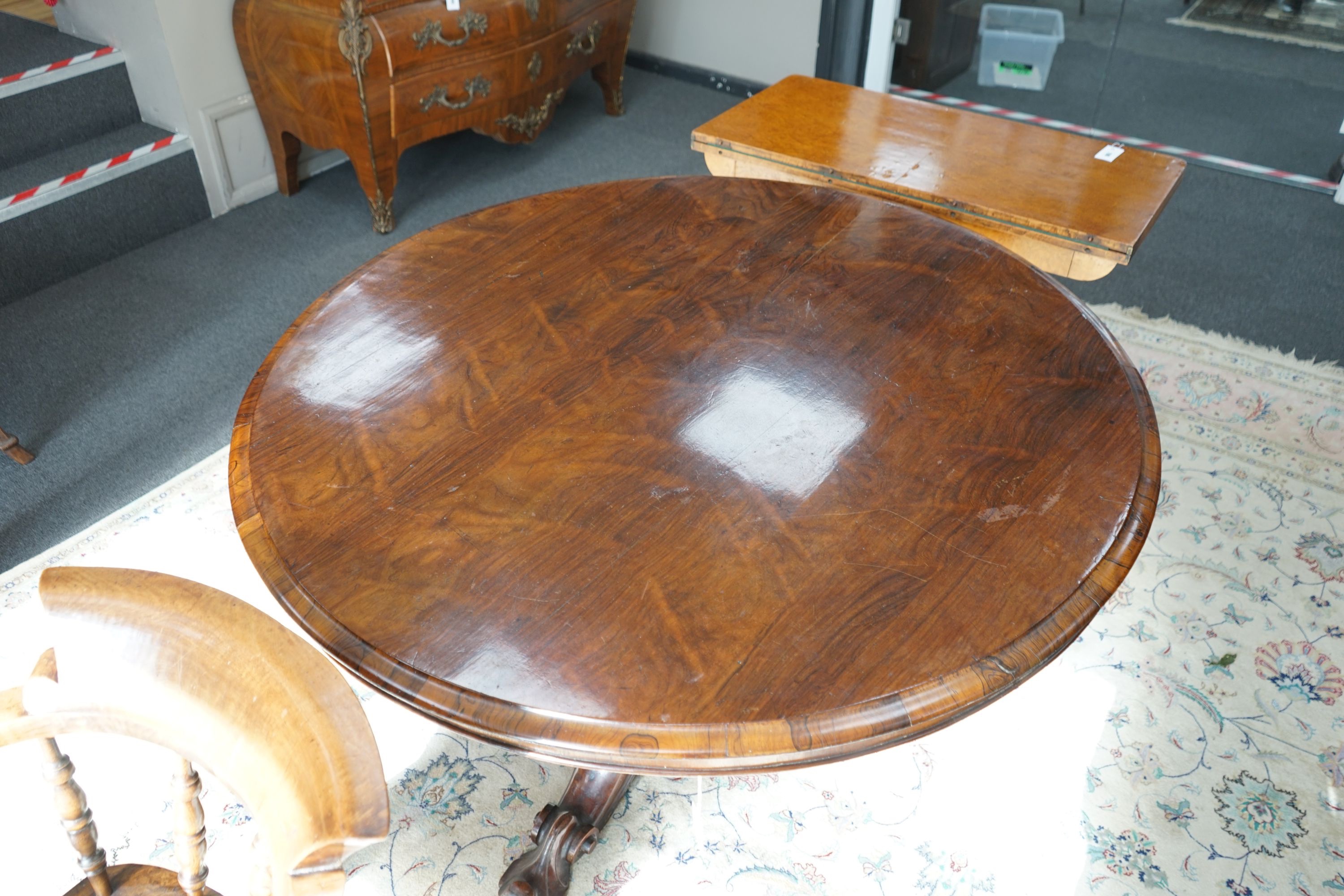 A Victorian circular rosewood tilt top breakfast table, diameter 136cm, height 72cm
